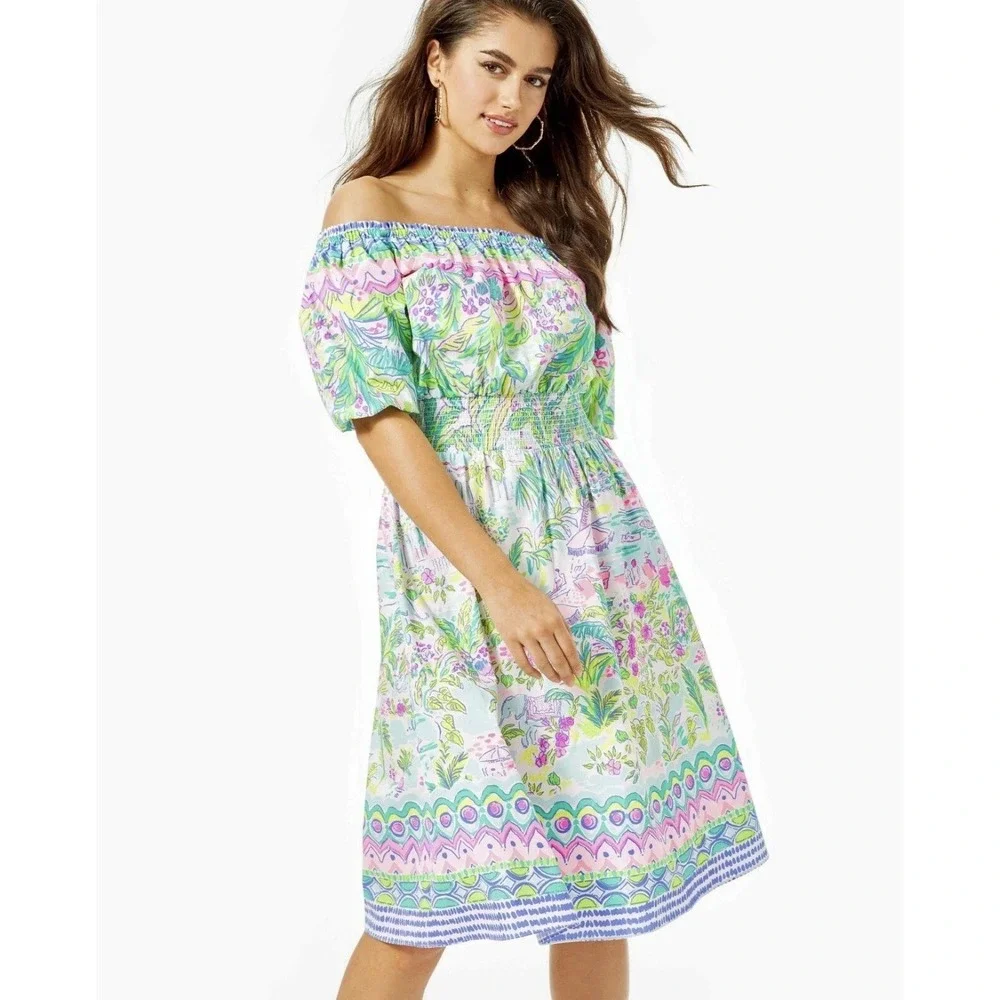 Lilly Pulitzer Camille Island Hopping Engineered Off The Shoulder Midi Dress L
